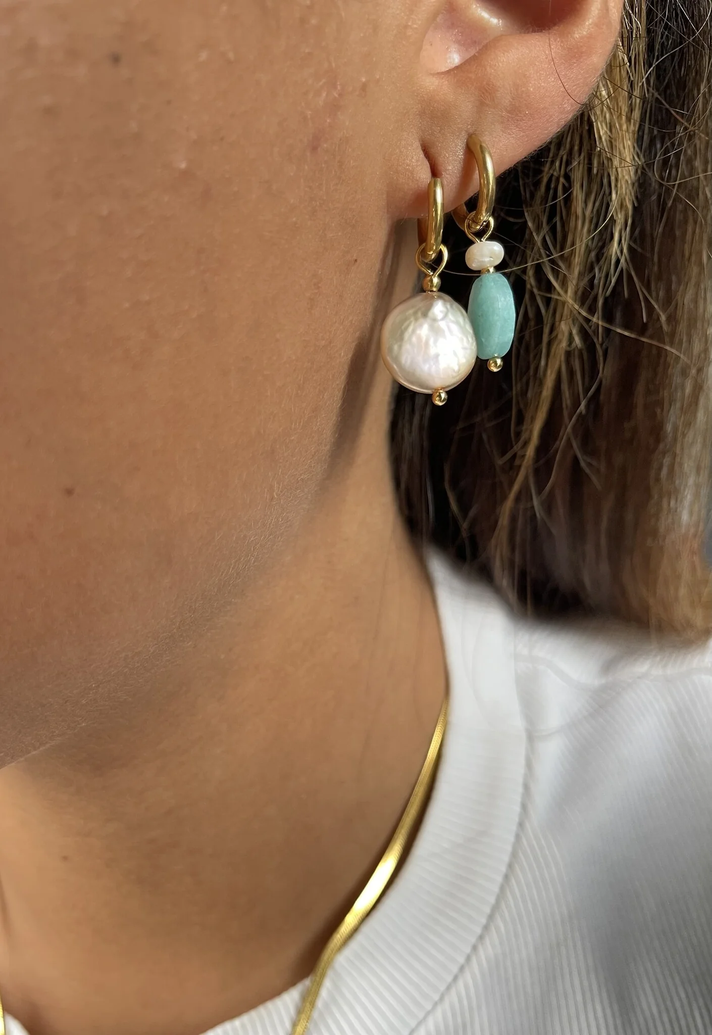 Pierre et perle - Boucles d'oreilles - Acier inoxydable - Pierre naturelle - Image 3